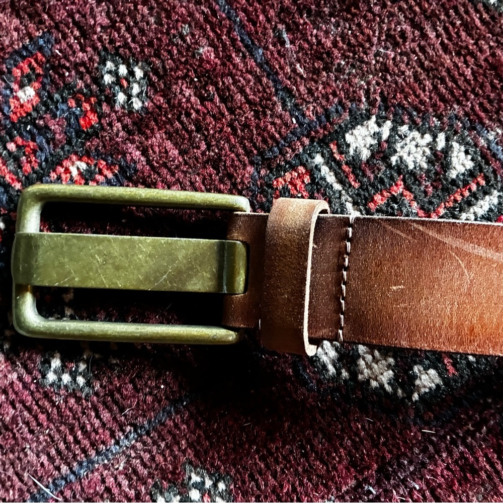 Free People: Brown Leather Belt with Brass Buckle - Picture 2 of 5